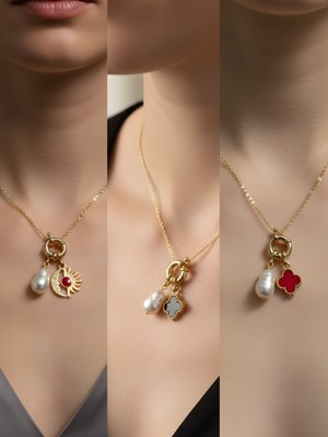 NKT Collection Kırmızı Yonca Siyah Yonca Turkuaz Kalp Incili Kolye