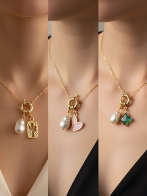 NKT Collection Zümrüt Yeşili Yıldız Pembe Kalp Kaktüs Incili Kolye