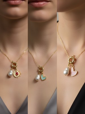 NKT Collection Pembe Kalp Ay Güneş Kupa As Incili Kolye