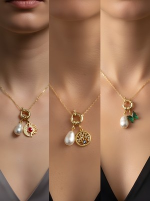 NKT Collection Zümrüt Yeşili Kelebek Hayat Ağacı Turkuaz Kalp Incili Kolye