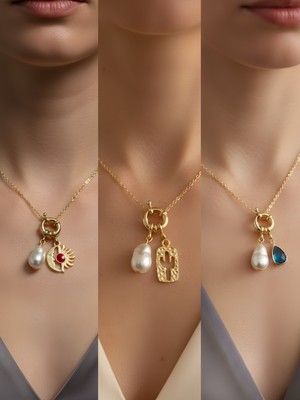 NKT Collection Turkuaz Damla Kaktüs Ay Güneş Incili Kolye