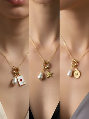 NKT Collection Kabartma Kalp Deniz Yıldızı Kupa As Incili Kolye