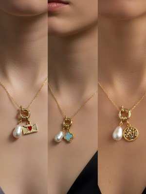 NKT Collection Hayat Ağacı Turkuaz Yonca Kalpli Zarf Incili Kolye