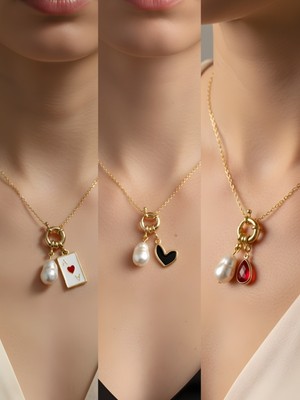 NKT Collection Kırmızı Damla Siyah Kalp Kupa As Incili Kolye