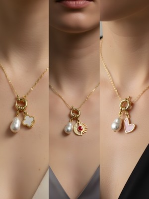 NKT Collection Pembe Kalp Turkuaz Kalp Kupa As Incili Kolye