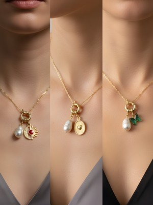 NKT Collection Zümrüt Yeşili Kelebek Kabartma Kalp Turkuaz Kalp Incili Kolye