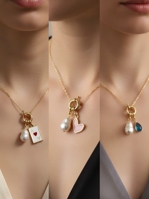 NKT Collection Turkuaz Damla Pembe Kalp Kupa As Incili Kolye