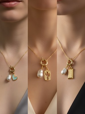 NKT Collection Kaktüs Külçe Altın Turkuaz Kalp Incili Kolye