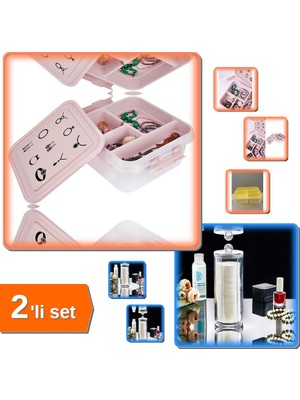 Hereveoyuncak Çok Amaçlı Bölmeli Bijuteri Takı Saklama Mücevher Kutusu + Makyaj Pamuğu Organizeri - 2li Set U5M3W4
