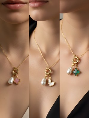 NKT Collection Zümrüt Yeşili Yıldız Beyaz Kalp Pembe Yonca Incili Kolye