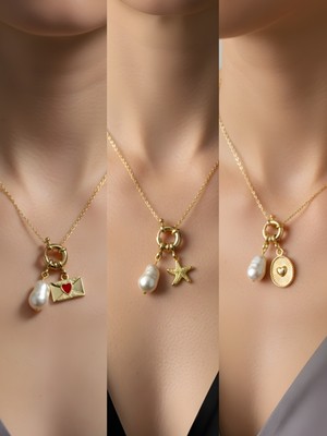NKT Collection Kabartma Kalp Deniz Yıldızı Kalpli Zarf Incili Kolye