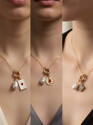 NKT Collection Siyah Yonca Ay Güneş Beyaz Yonca Incili Kolye