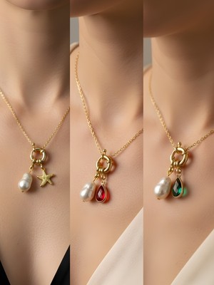 NKT Collection Kırmızı Damla Zümrüt Yeşili Damla Deniz Yıldızı Incili Kolye