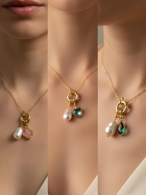 NKT Collection Turkuaz Kalp Zümrüt Yeşili Damla Turkuaz Yonca Incili Kolye