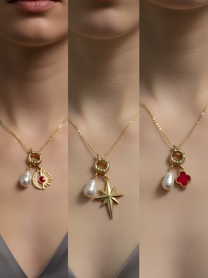 NKT Collection Kırmızı Yonca Kutup Yıldızı Turkuaz Kalp Incili Kolye