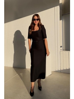Et Siyah Kemerli Uzun Elbise