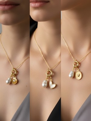 NKT Collection Kabartma Kalp Beyaz Kalp Midye Incili Kolye