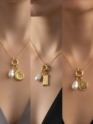 NKT Collection Hayat Ağacı Deniz Kabuğu Külçe Altın Incili Kolye