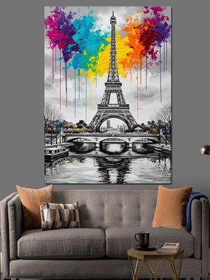Artmeg Renkli Eyfel Kulesi Çizimi Dekoratif Kanvas - Mdf Ahşap Tablo