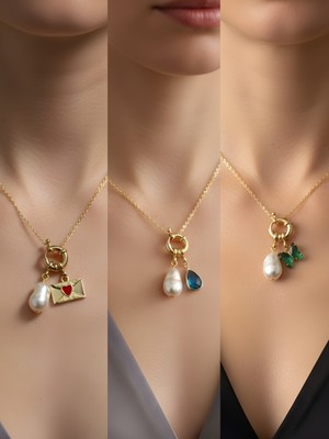 NKT Collection Zümrüt Yeşili Kelebek Turkuaz Damla Kalpli Zarf Incili Kolye