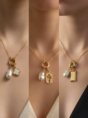 NKT Collection Kaktüs Külçe Altın Beyaz Yonca Incili Kolye