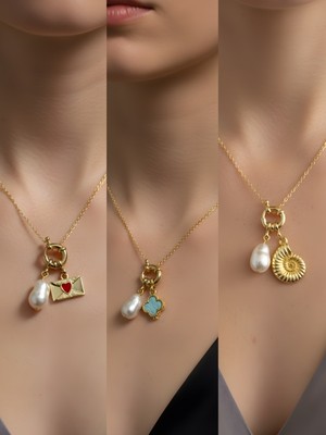 NKT Collection Deniz Kabuğu Turkuaz Yonca Ay Güneş Incili Kolye