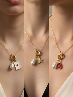 NKT Collection Kırmızı Damla Deniz Yıldızı Turkuaz Kalp Incili Kolye