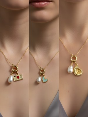 NKT Collection Deniz Kabuğu Kalpli Zarf Kupa As Incili Kolye