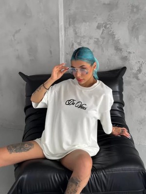 Cotton Lab Cottonlab Unisex Baskılı Oversize T-Shirt - Beyaz