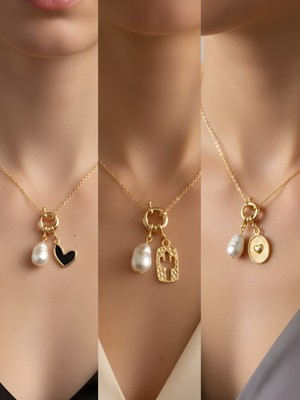 NKT Collection Kabartma Kalp Siyah Kalp Kaktüs Incili Kolye