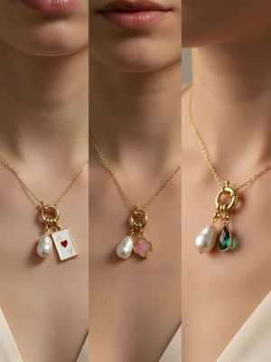 NKT Collection Zümrüt Yeşili Damla Pembe Yonca Kupa As Incili Kolye