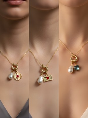 NKT Collection Turkuaz Kalp Kalpli Zarf Ay Güneş Incili Kolye