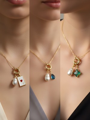 NKT Collection Turkuaz Damla Zümrüt Yeşili Yıldız Kupa As Incili Kolye