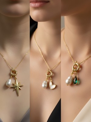 NKT Collection Zümrüt Yeşili Damla Beyaz Kalp Kutup Yıldızı Incili Kolye