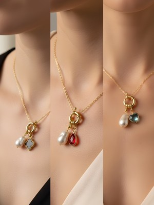 NKT Collection Kırmızı Damla Turkuaz Kalp Siyah Yonca Incili Kolye