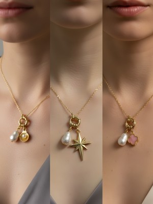 NKT Collection Pembe Yonca Midye Kalpli Zarf Incili Kolye