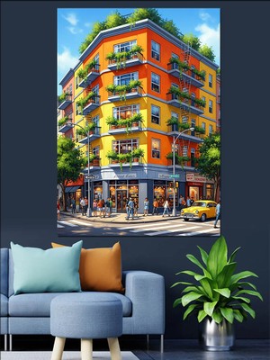 Karizma Tablo Renkli Balkonlu Bina Köşesi Dekoratif Kanvas - Mdf Ahşap Tablo