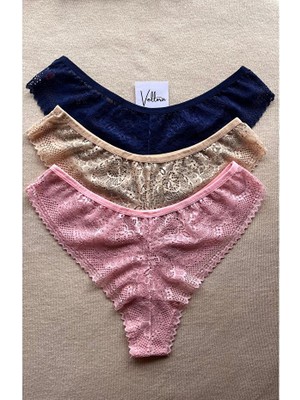 Vellora Kadın Iç Çamaşırı Brazillian Stil Dantelli Lace Set Kadın Şık ve Rahat Tanga Külot 3'lü Set