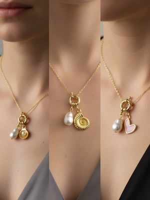 NKT Collection Pembe Kalp Deniz Kabuğu Kutup Yıldızı Incili Kolye