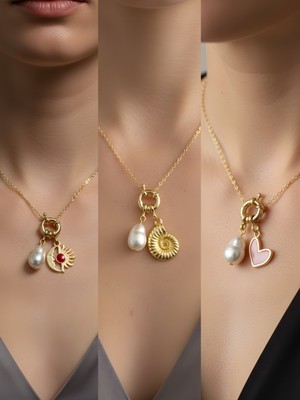 NKT Collection Pembe Kalp Deniz Kabuğu Turkuaz Kalp Incili Kolye