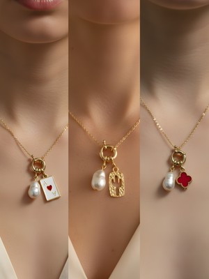 NKT Collection Kaktüs Kırmızı Yonca Kupa As Incili Kolye