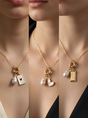 NKT Collection Beyaz Kalp Külçe Altın Kupa As Incili Kolye