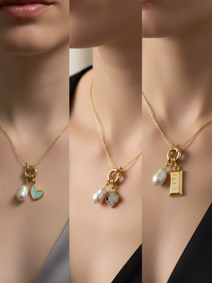 NKT Collection Külçe Altın Siyah Yonca Kupa As Incili Kolye