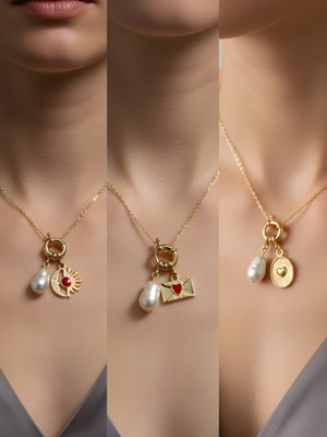 NKT Collection Kabartma Kalp Kalpli Zarf Turkuaz Kalp Incili Kolye