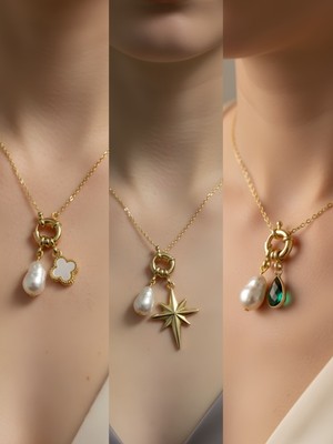 NKT Collection Zümrüt Yeşili Damla Kutup Yıldızı Beyaz Yonca Incili Kolye