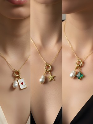 NKT Collection Zümrüt Yeşili Yıldız Deniz Yıldızı Kupa As Incili Kolye