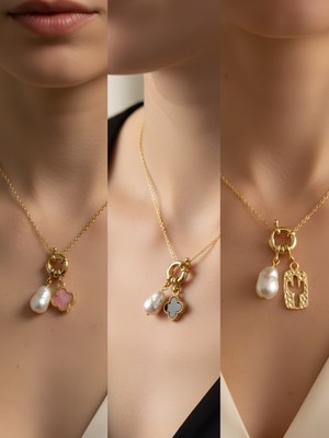 NKT Collection Kaktüs Siyah Yonca Midye Incili Kolye