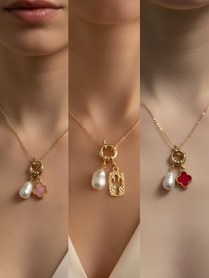 NKT Collection Kaktüs Kırmızı Yonca Pembe Yonca Incili Kolye