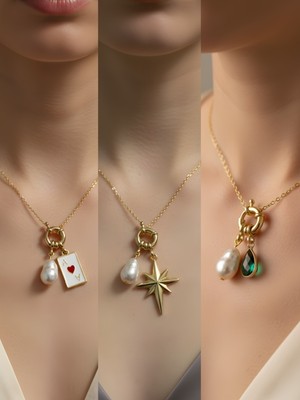 NKT Collection Zümrüt Yeşili Damla Kutup Yıldızı Kupa As Incili Kolye