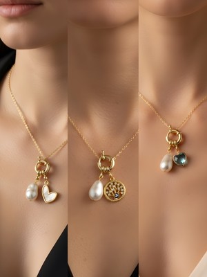 NKT Collection Turkuaz Kalp Hayat Ağacı Siyah Kalp Incili Kolye